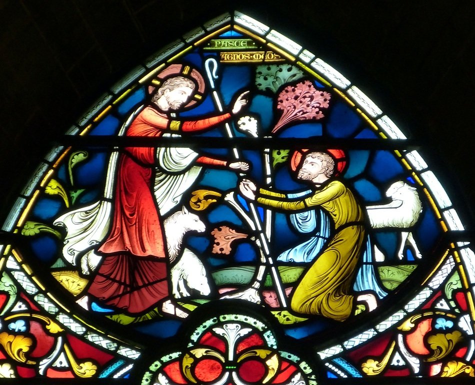 Jesus and shepherd stained glass window, uk, england, salisbury