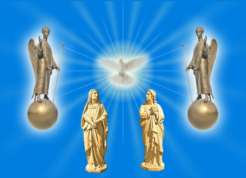 sculptures around a dove on a blue background