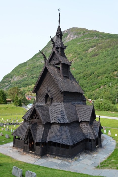 Stave church in front of mountain, Norway, Borgund