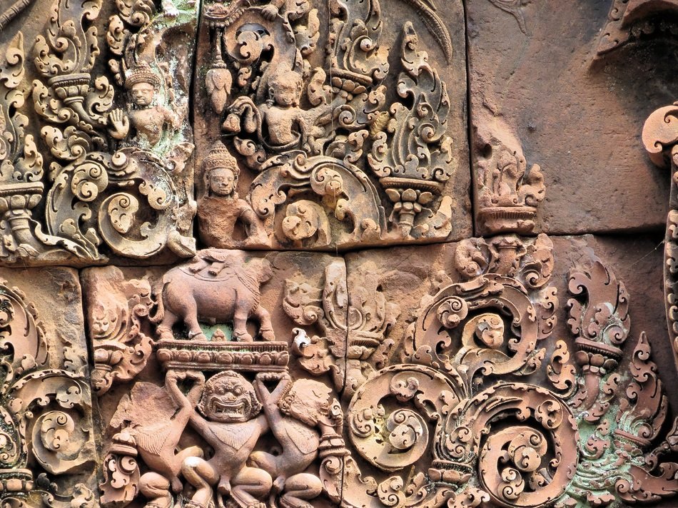 reliefs on the temple in Cambodia