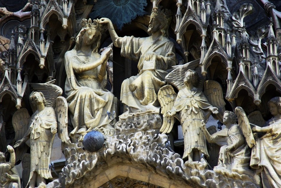 sculptures on the facade of the cathedral in Reims