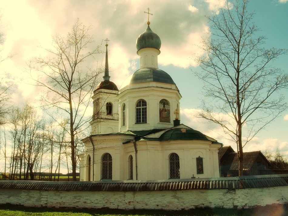 cloudy sky over a temple in the Pskov region