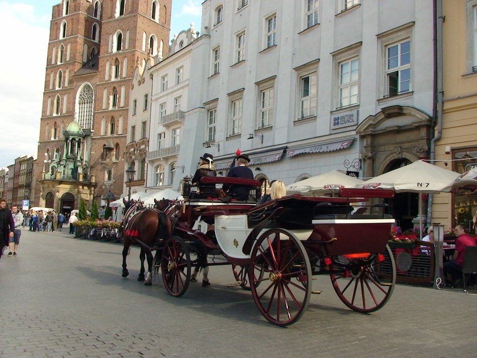 horse-drawn carriage on the main market square in Krakow