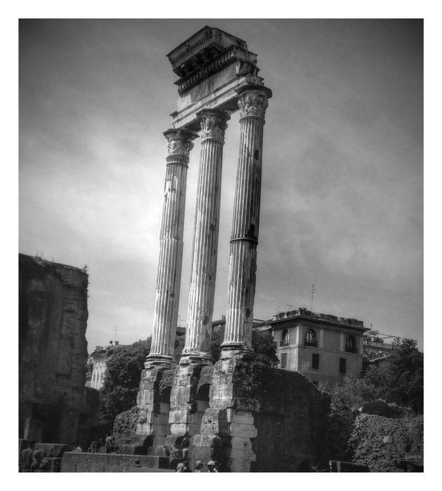 Black and white photo of Forum temple in Rome in Italy