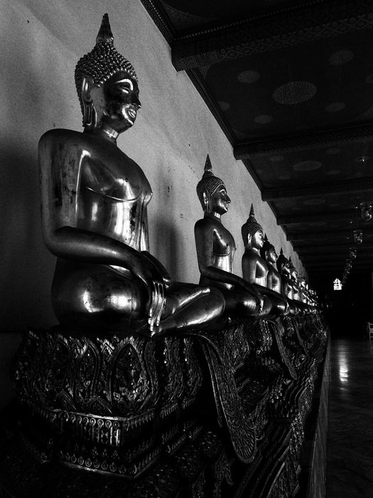 Buddha Statues in row at wall, Black And White, thailand, bangkok
