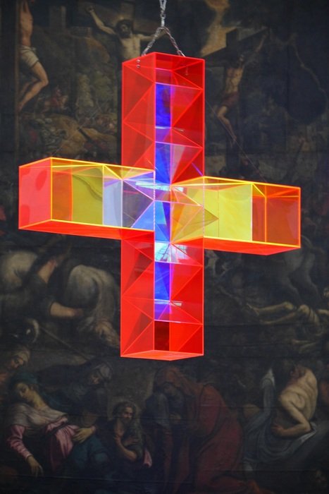 colorful cross on the wall of Cathedral, germany, Wurzburg