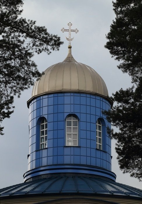 blue tower on a church in visaginas, lithuania