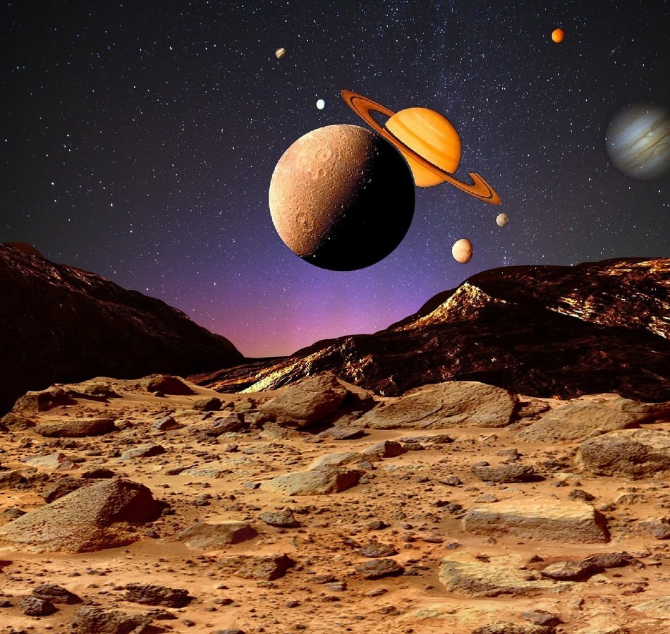 planets and stars at sky above fantasy planet surface