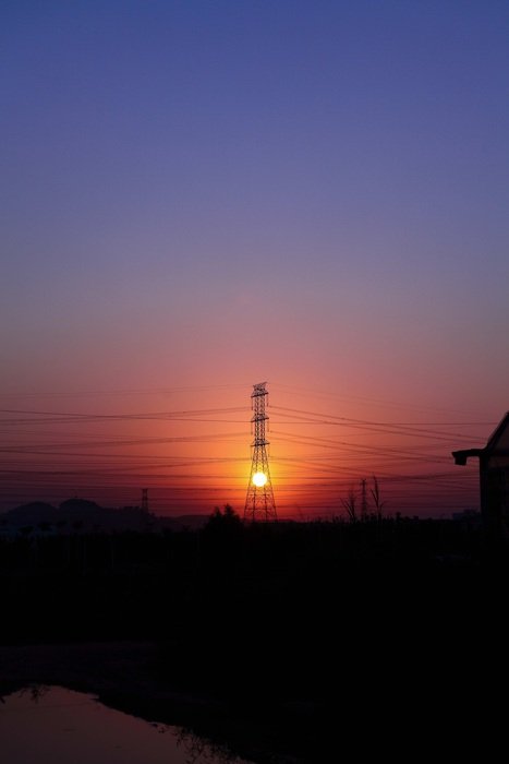 transmission lines at sunset