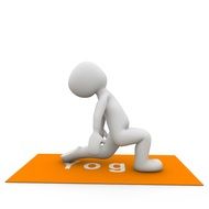 white figure in yoga pose on orange and white carpet on white background