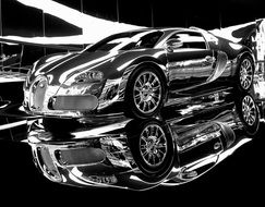 Black and white photo of the chrome sports car