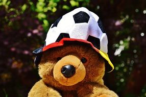 teddy in a hat like a soccer ball
