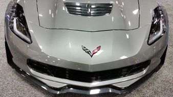 silver Corvette, front view of Sports Car