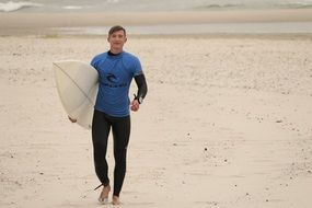 a surfer with a board goes along the beach