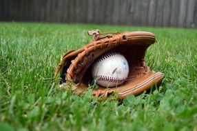 glove with baseball ball on grass close up