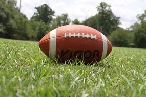 Close-up of the brown and white ball for american football on green grass