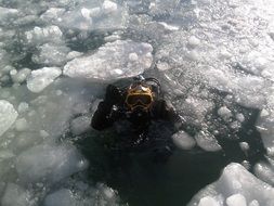 swimming diver in ice