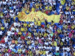 Colombian fans with a banner at the Santiago Bernabeu Stadium in Madrid