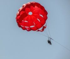 tourists fly on a red parachute