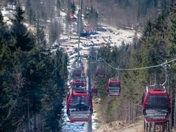 Cable Cars on cableway above forest at Winter