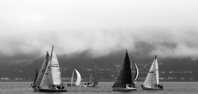 black and white photo of yachts on the water