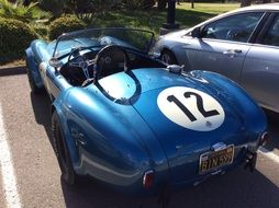 blue racing car with number 12