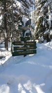 wooden signs in a snowy forest in utah