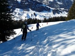 skiers in deep snow on a slope