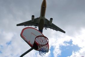 basketball Hoop and flying plane close-up