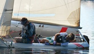 athletes relax on a sailing ship in the harbor in Hamburg