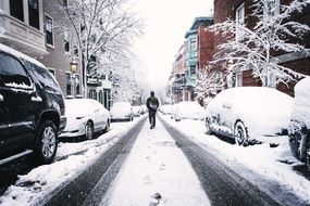 landscape of man on a snowy city street
