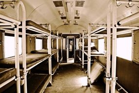 interior of an old train carriage in monochrome