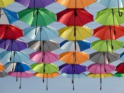 colorful Umbrellas on lines at sky, hungary, budapest