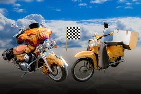 yellow motorbikes against the sky with clouds