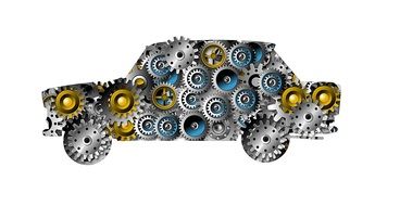 Silhouette of a car made of gears on a white background