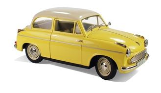 yellow retro car model with beige roofr