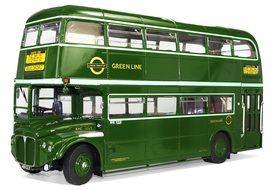 green, yellow and white double-decker bus on a white background