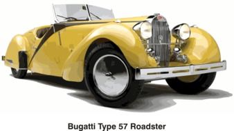 Yellow Bugatti Type 57 roadster on white background