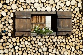 shutters on a wooden facade made of logs