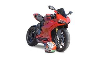 red motorcycle and multi-colored helmet