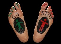 go and stop traffic signs painted on human Feet