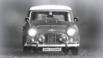Black and white photo of Mini Car Old Car