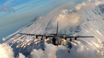 rockets around a military aircraft in the sky