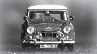 Black and white photo of Mini Car model