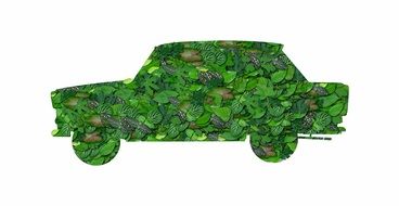 Car formed from green plants on white background