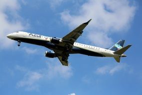 commercial plane flies above the clouds