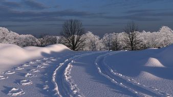 car track in deep snow among beautiful nature