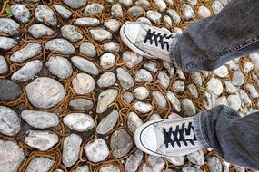 feet in shoes on a stone street