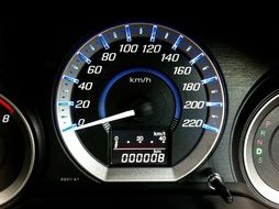 Car speedometer with blue lights