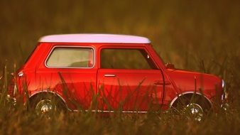 red Toy Model of car from 1960s on the grass